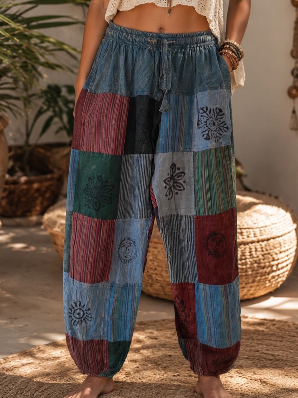 Boho Patchwork Harem Pants With Cuffs / Multicolor – In Size OS New With Tags